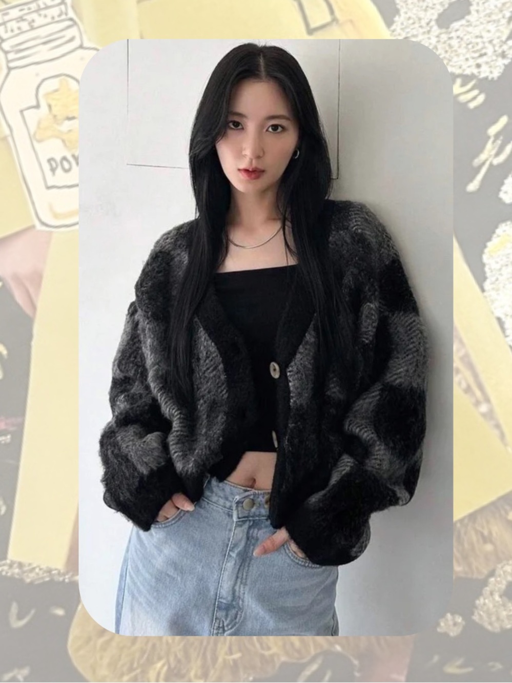 DAZY Black & Gray Checkered Plaid Button-Up Plush Sweater Cardigan